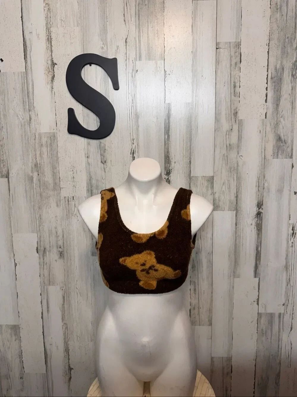 Teddy Bear Fuzzy Sherpa Crop Tank Top Bralette Womens Small Brown Beige